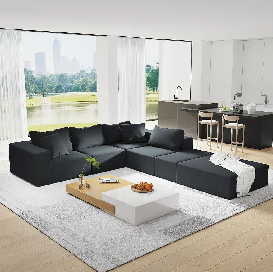 Modern Upholstered Sectional Sofa Couch Set,Modular 132" L Shaped Sectional Living Room Sofa Set With 6 Pillows 