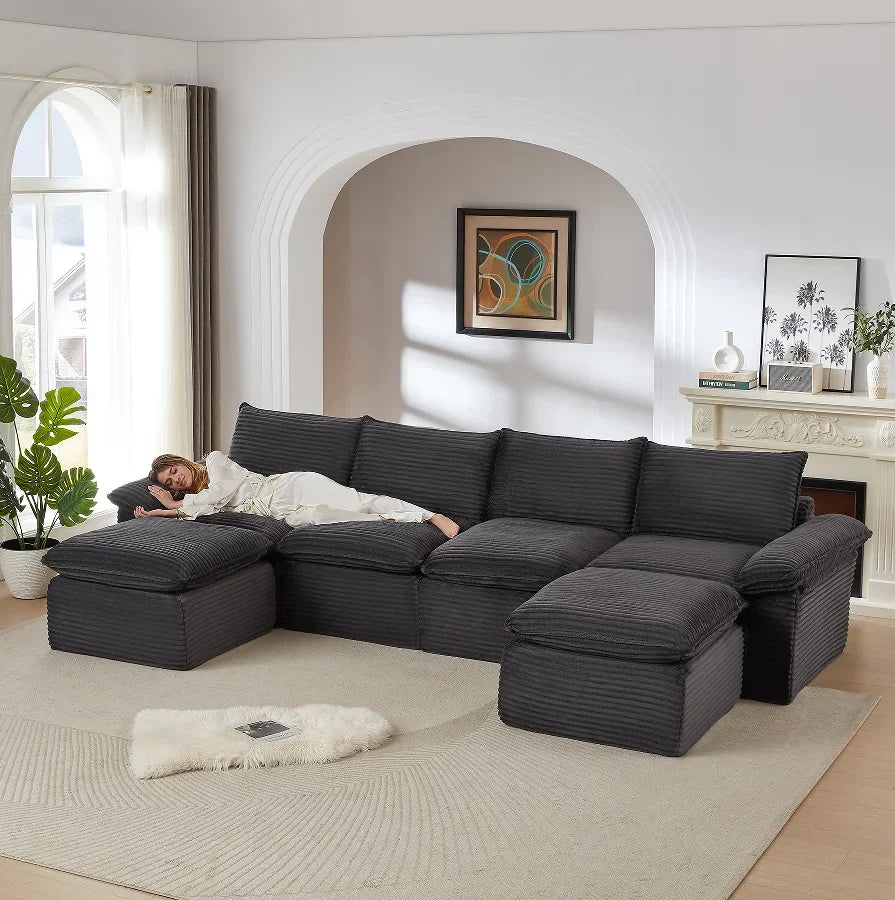 Boneless Oversized Sectional Compressed Foam Sofa Set Living Room Modern Convertible Modular Corduroy Vacuum Packaging 