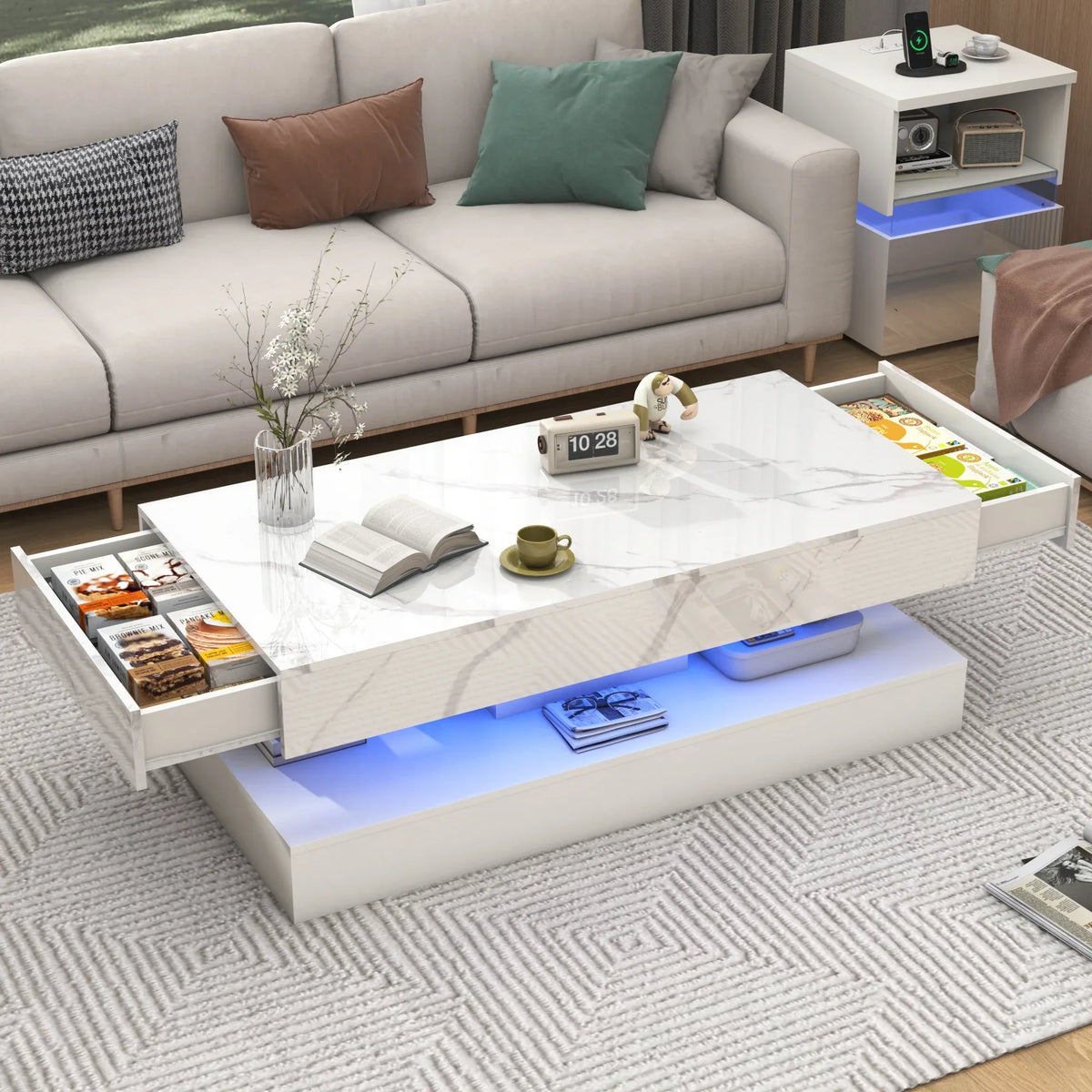 Modern Stylish Coffee Table with LED lights, Double-Layer Design for Living Room Coffee Table with 2 Storage Drawers 